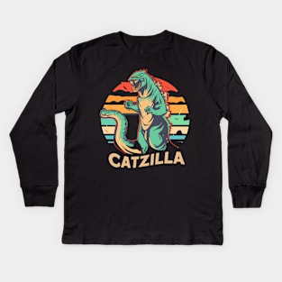 Vintage Catzilla Fire cat Kids Long Sleeve T-Shirt